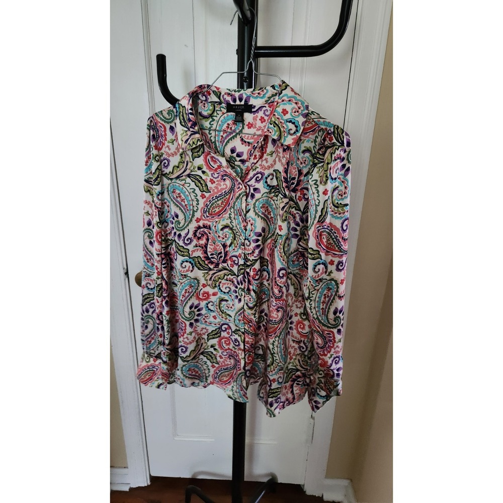 Haver London Women Button Down Blouse Lg Retro Revival Boho Chic Multicolor